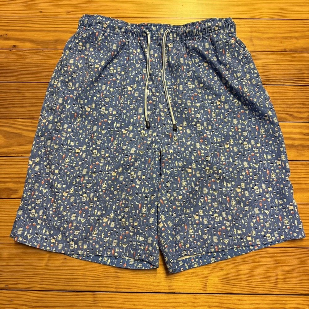 Peter Millar Men's Seaside Swim Trunks Fishing Martinis Blue Size M